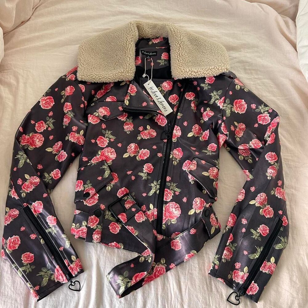 For Love & Lemons Wren Vegan Leather Moto Jacket Floral Rose Romantic Grunge new - Picture 4 of 7
